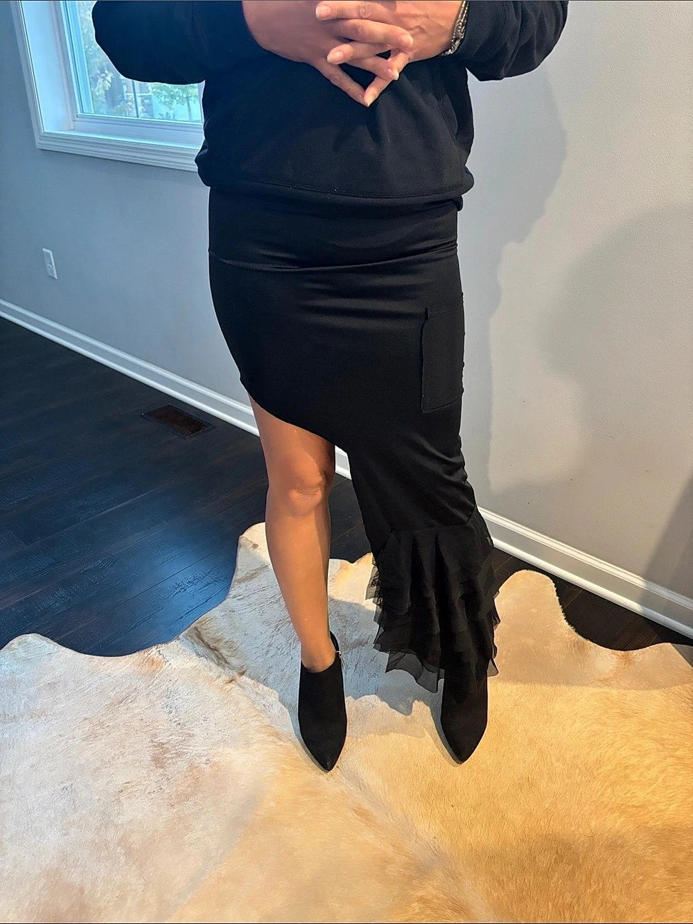 Stretch Lycra Asymmetric Midi Cargo Skirt Black